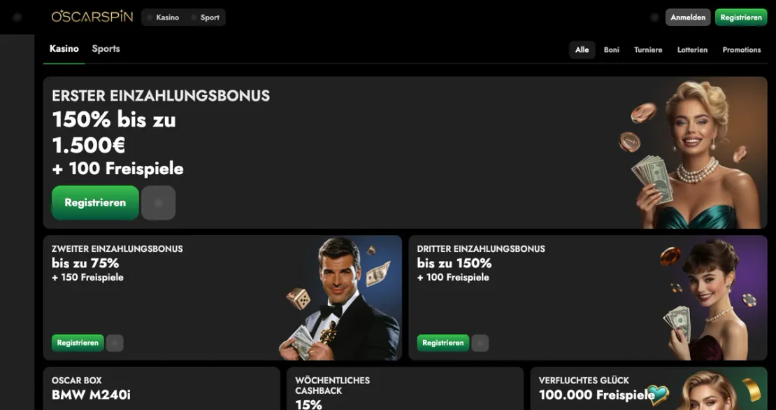 Bonusbereich auf der Website von oscarspin.com